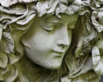 Fine Art Photography • Garden Angel #1 • Portrait of a Sensitive Stone Sculpture • Captivating Face • Monochrome • High Res Print