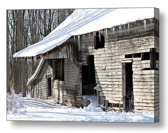 Canvas Wrap Print Large Wall Art Photography Abandoned Barn Rustic Old Barn in Winter Snow & Icicles Still Life