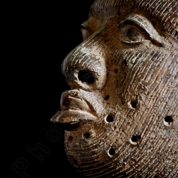 African Art • Fine Art Photography • Ethnographic Art Image Series • Closeup Portrait of Bronze Ife Yoruba Head • Tribal Art• High Res Print