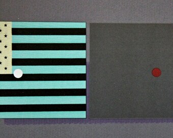 May include: An abstract art piece featuring two rectangular panels. The left panel displays a stylized American flag with black stripes and a light blue background. The right panel is a solid gray with a small red circle in the center.