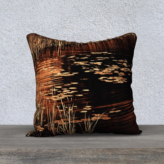 Pillow Cover • Rushes & Lily Pads Design • Evocative Image of Marshy Setting • Moody Atmosphere • 18x18 or 22x22 • Polyester Velveteen