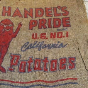 Burlap Sack, California Handels&#39;s Pride Potatoes Sack, Old Barn and Farm Salvage