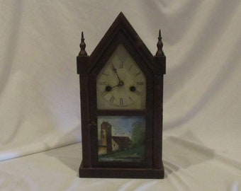 Antique Steeple Mantle Clock: Reverse Painted Glass, Welch Company (Not Working)