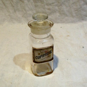 Apothecary Jar with Stopper, Small Cuprisul Chemical Bottle, Vintage Old American Pharmacy Medicine Salvage