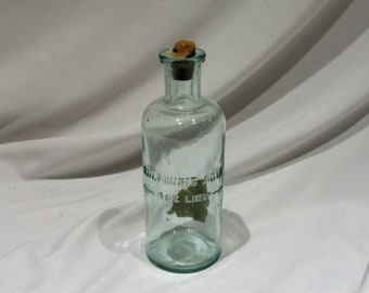 Apothecary Glass Bottle with Cork Stopper, Embossed Chemical Name and Partial Label, Sulphuric Acid, Chemistry Laboratory Salvage