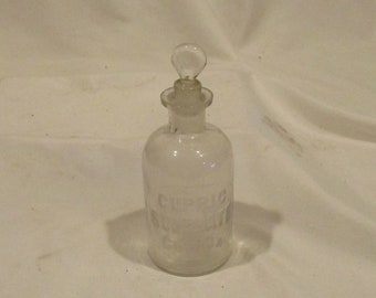 Apothecary Empty Glass Bottle, Frosted Stopper, Embossed Chemical Name, Cupric Sulphate, Chemistry Laboratory Salvage, Wheaton, New Jersey