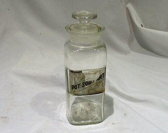 Apothecary Jar with Stopper, Empty Chemical Bottle, Vintage Old American Pharmacy Medicine Salvage