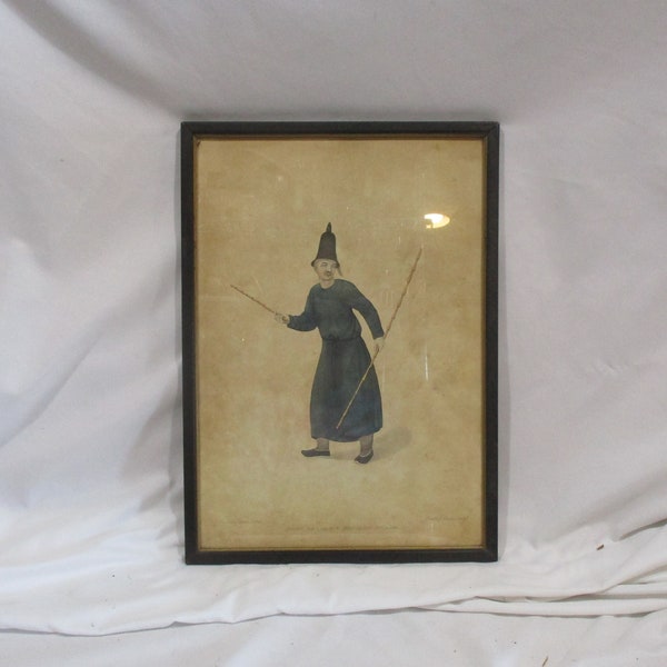 18th Century Framed English Hand Tinted Lithograph of Chinese Worker, Classical Asian Portrait