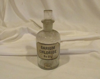 Apothecary Empty Glass Bottle, Frosted Stopper, Printed Chemical Label, Barium Chloride, Chemistry Laboratory Salvage, Wheaton, New Jersey