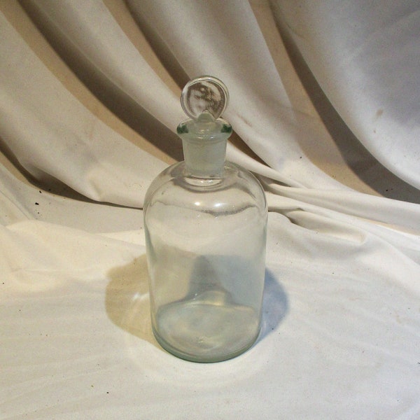 Apothecary Glass Bottle with Frosted Stopper, Large Wavy Glass Jars, Vintage Laboratory Salvage