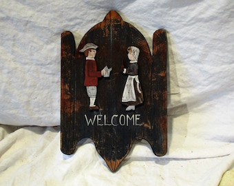 Welcome Sign, Hand Made Wood Folk Art Entry Sign, OOAK Hand Carved and Hand Painted