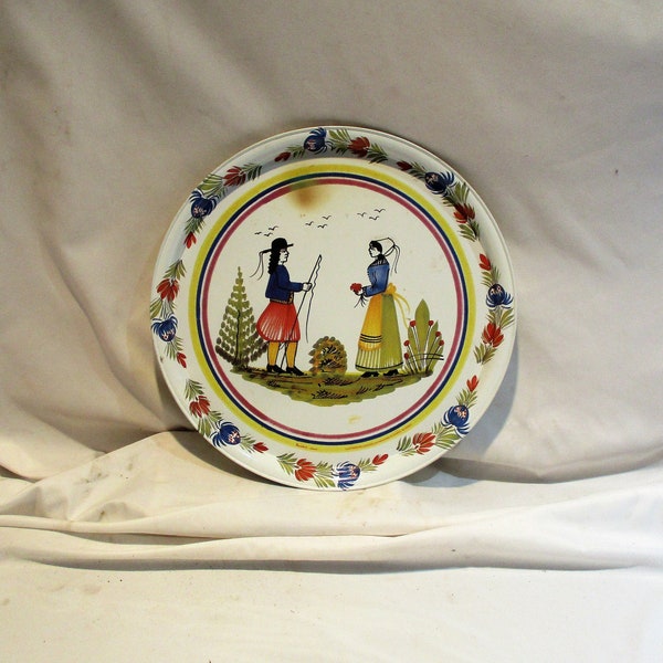 Quimper, Large Round Serving Tray, Mid Century Beverage Tray, French Faience Vintage Henriot Tin Ware
