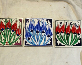 Ceramic Tiles, Set of 3, Classic Hand Made Tiles, Flowers and Leaves, Brightly Colored Decorative Tiles