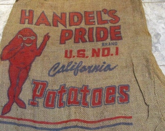 Burlap Sack, California Handels's Pride Potatoes Sack, Old Barn and Farm Salvage