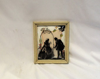 1930s Silhouette, Courting Couple, Reverse Painted Antique Enhanced Silhouette