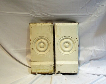 Plinth Blocks, Pair of Bulls Eye Gouge Work Corner Blocks, Architectural Salvage, Victorian Restoration, Wood Baseboard Trim Blocks