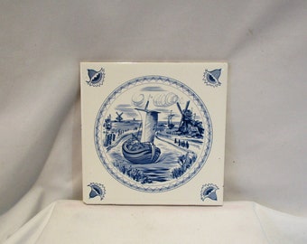 Delft Style Tile, Vintage Blue & White, Sailboats and Windmills, Vintage American Tile or Trivet, Architectural Salvage