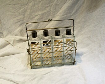 Portable Bar, Four Retro Liquor Bottles, Vintage Locking Cage Carrier, Mid Century Bar Cart, Mad Men Bar Accessory