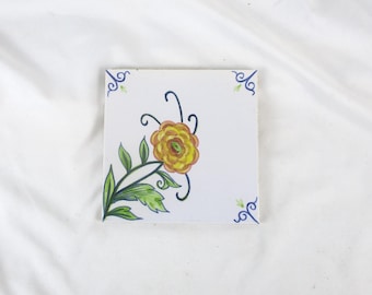 French Delft-Style Tile, Polychrome Dahlia Floral Hand Painted Vintage Tile