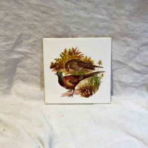 May include: A white ceramic tile with a painted image of two brown and white pheasants in a grassy field.