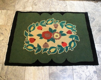 Hooked Rug, Acorn and Autumn Leaves, Hand Made Rectangular Vintage Antique Carpet