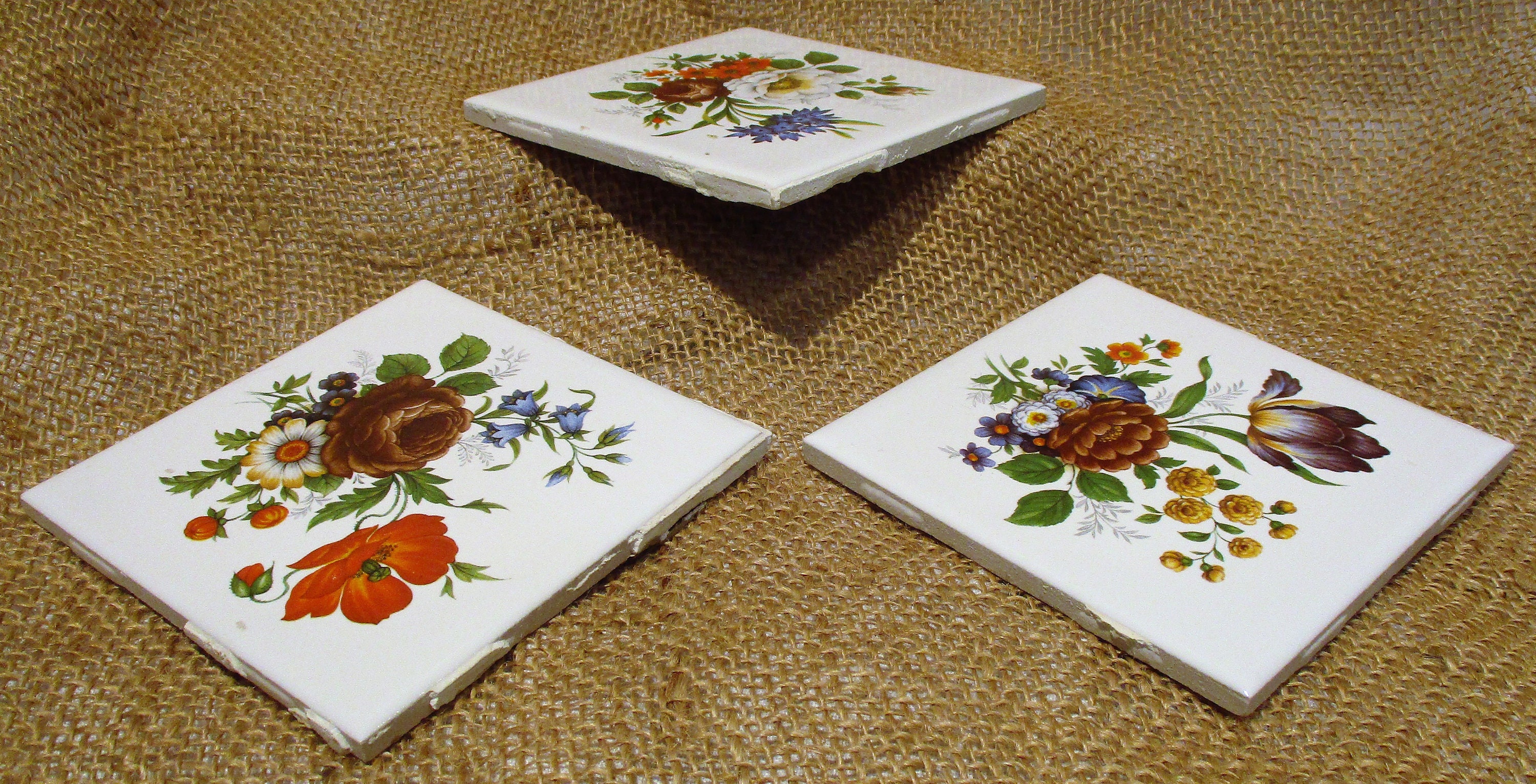 3 Antique Ceramic Tile Painted Floral 4 SQ Arts & Crafts Vintage Old  1274-22B