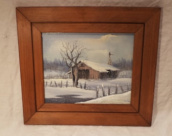 Original Oil Painting on Board, Rustic Country Winter Farm Landscape, Framed