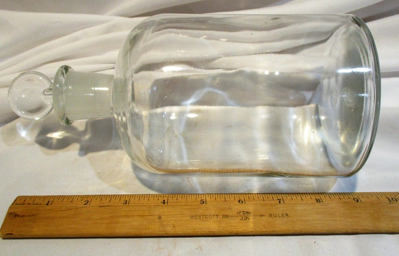 Apothecary Glass Bottle with Frosted Stopper, Large Wavy Glass Jars, Vintage Laboratory Salvage image 8