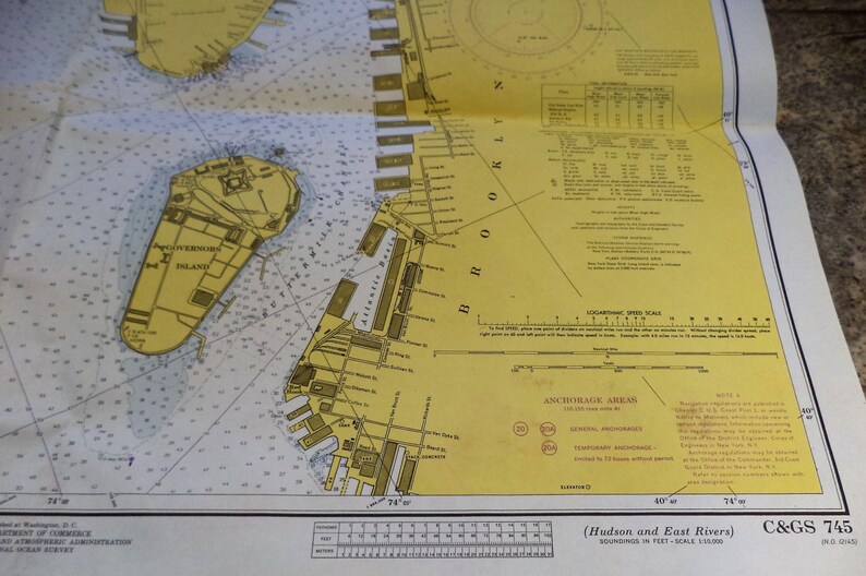 Hudson and East Rivers 1972 New York Harbor Lower Manhattan Vintage Shore Maps Maritime Soundings Map