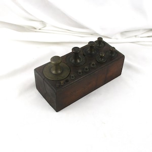 European Brass Weights in Fitted Wood Box, Antique Jeweler&#39;s or Apothecary or Pharmacy Scale Weights, Almost Complete Set of 12 (1 missing)