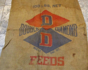 Burlap Sack, Double Diamond, Olean New York Vintage Feed Sack, Vintage Farm and Barn Stock