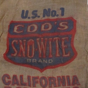 Burlap Sack, California Edd&#39;s Sno Wite Potatoes Sack, Old Barn and Farm Salvage, Kirschenmann, Joe Phillips, Edison