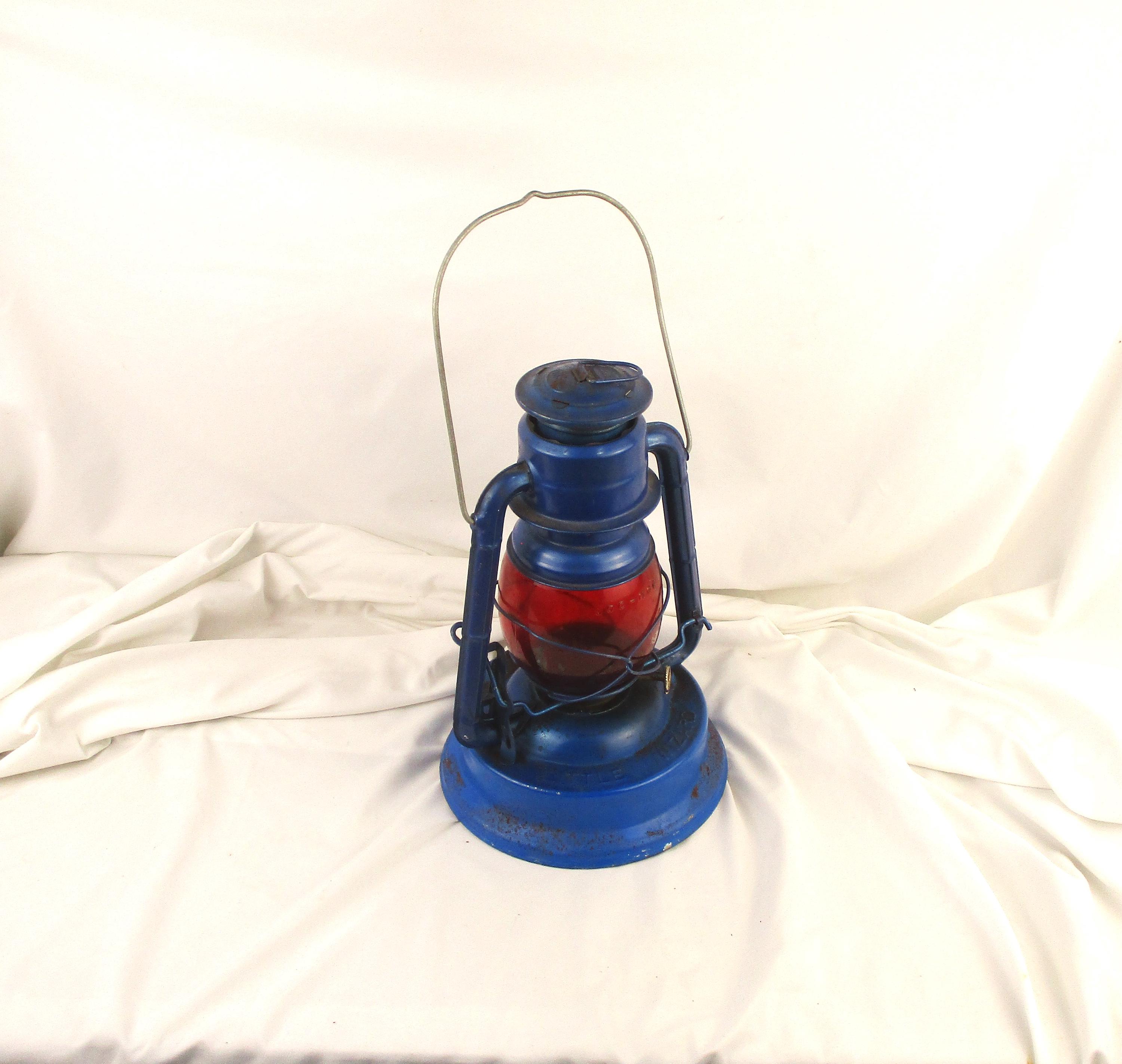 Dietz Little Wizard Antique Railroad Lantern, Blue With Red Glass
