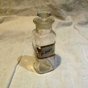 Apothecary Jar with Stopper, Empty P. Rhei Chemical Bottle, Vintage Old American Pharmacy Medicine Salvage