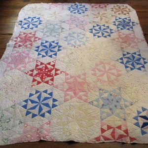 1920s Coverlet or Quilt, Large, Laura Ashley-Style Florals and Pinwheel Stars, Vintage Cotton Material, Antique Textile
