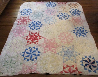 1920s Vintage Cotton Quilt: Laura Ashley Floral & Pinwheel Star Coverlet