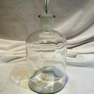 Apothecary Glass Bottle with Frosted Stopper, Large Wavy Glass Jars, Vintage Laboratory Salvage image 3