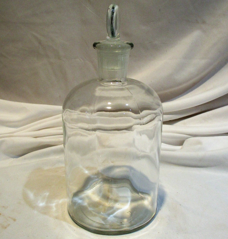 Apothecary Glass Bottle with Frosted Stopper, Large Wavy Glass Jars, Vintage Laboratory Salvage image 3