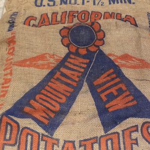 Burlap Sack, California Blue Ribbon Mountain View Potatoes Sack, Old Barn and Farm Salvage