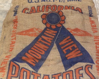 Burlap Sack, California Blue Ribbon Mountain View Potatoes Sack, Old Barn and Farm Salvage