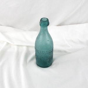 Blob Top Glass Bottle, Antique Blue Aqua Bottle, W. Riddle, 19th Century Philadelphia Bottle Salvage