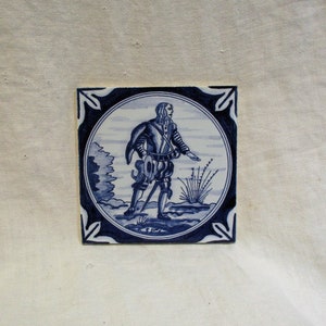 Delft Tile, Vintage Blue & White, Hand Painted Soldier and Sword, Architectural Salvage Tile