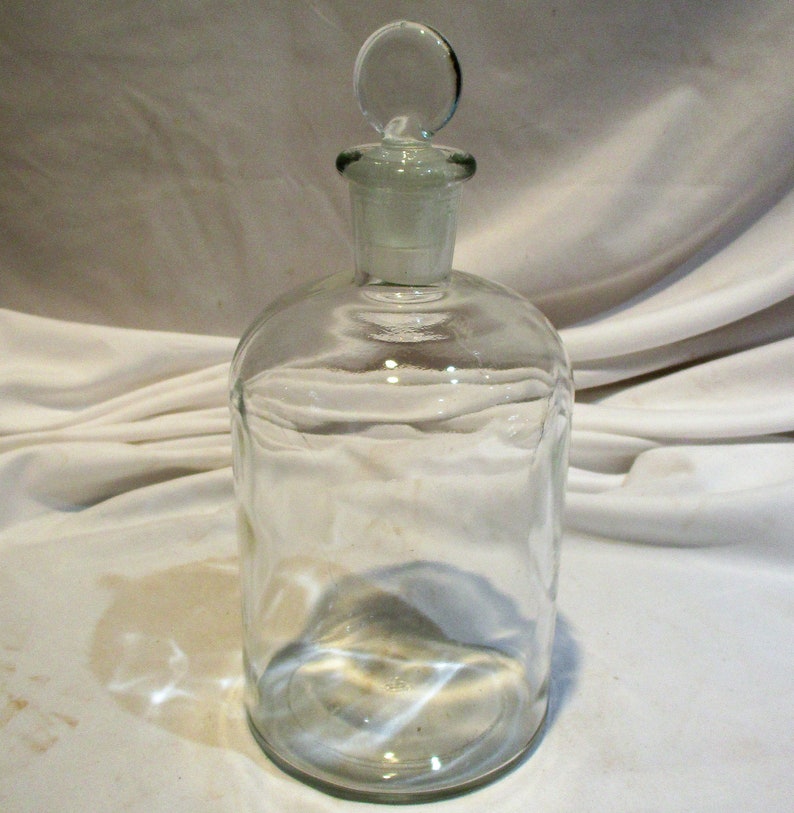 Apothecary Glass Bottle with Frosted Stopper, Large Wavy Glass Jars, Vintage Laboratory Salvage image 4