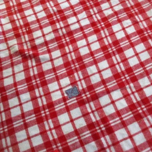 May include: Red and white checkered tablecloth with a small blue patch in the center.