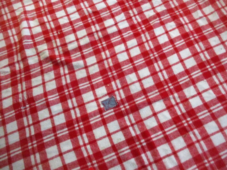 May include: Red and white checkered tablecloth with a small blue patch in the center.