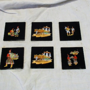 Asian Tiles, Set of 6 Small Black Ceramic Tiles, Vintage Rural Scenes, Vintage Porcelain Tiles