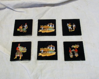 Vintage Asian Ceramic Tiles: Rural Scenes, Set of 6