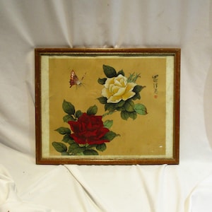Framed Oriental Roses and Butterfly Art: Signed Vintage Watercolor
