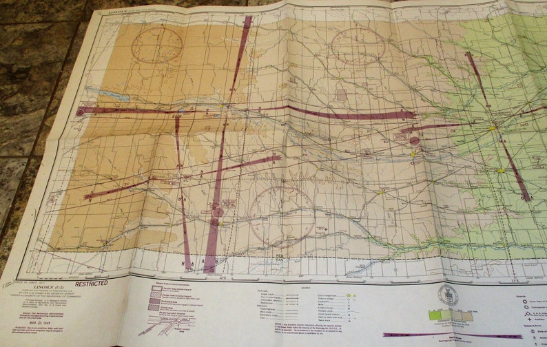 1945 Nebraska Airspace Vintage Flight Chart Map Aeronautical Map Vintage Pilot/'s Map Lincoln and Platte River Omaha