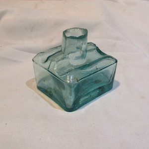 Antique Aqua Glass Ink Bottle: English Calligraphy Salvage, Pen Rest